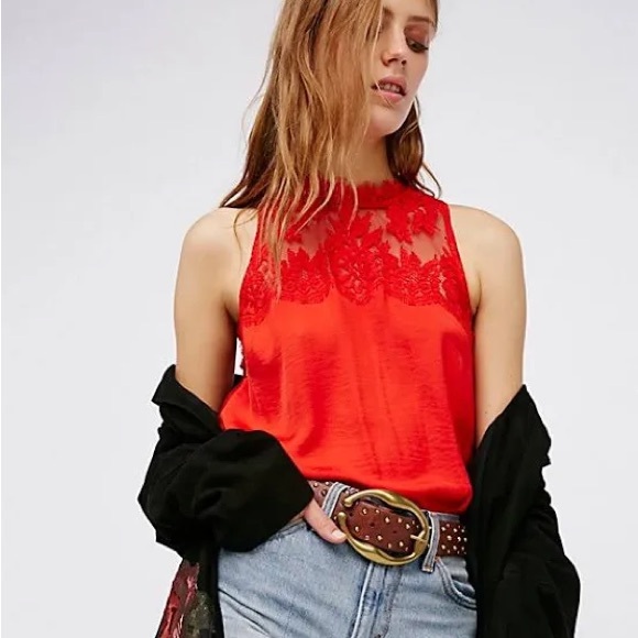 Free People Sleeveless Blouse Red Lace Open Back Women’s Size Medium - Picture 8 of 8